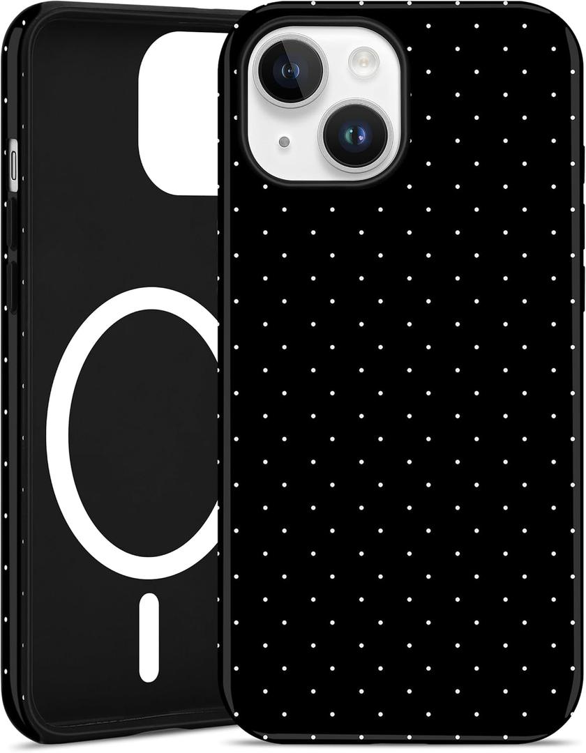 Jusy Compatible with MagSafe Polka Dot Case for iPhone 13/iPhone 14, Cute Aesthetic Polka Dots Magnetic Phone Case, Soft TPU and Hard PC Protective Phone Cover for Women Girls (Matte) - Black