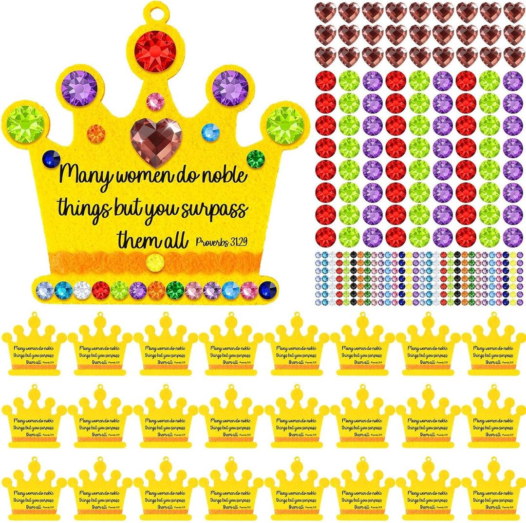 24 Sets Mother's Day Ornament Craft Kit Fun Express Religious Crown Craft Kit with Gems Stickers Holiday Gift DIY Color Your Own Crown Crafts Coloring Kit Headband for DIY Project Activities