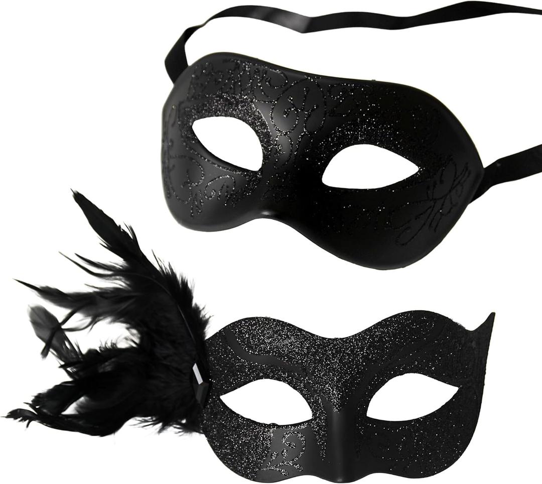 Wildarms Couple Masquerade Masks - Feather Women & Venetian Men Masks for Halloween Party, Mardi Gras Cosplay