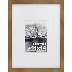 Egofine 11x14 Picture Frame Made of Solid Wood with Plexiglass, Display Pictures 5x7/8x10 with Mat or 11x14 Without Mat, for Table Top and Wall Mounting Photo Frame, Light Brown