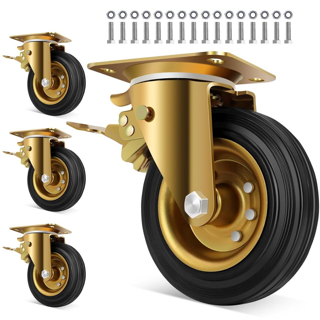 WBD WEIBIDA 6 in Heavy Duty Outdoor Casters Set of 4, 2600 Lbs Industrial Rubber Wheels for Cart Furniture and Workbench, Castors Dual Locking Replacement (4 Brakes, Free Spanner)