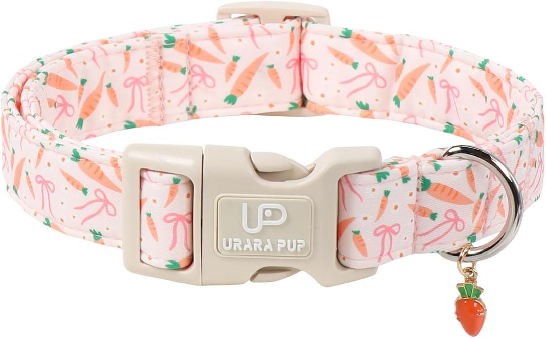 Easter Day Dog Collar, UP URARA PUP Easter Bunny Adjustable Pet Collar with Quick Release, Colorful Rabbits Dog Collars for Small Medium Large Dogs (XL, EasterCarrot&Bow CC)