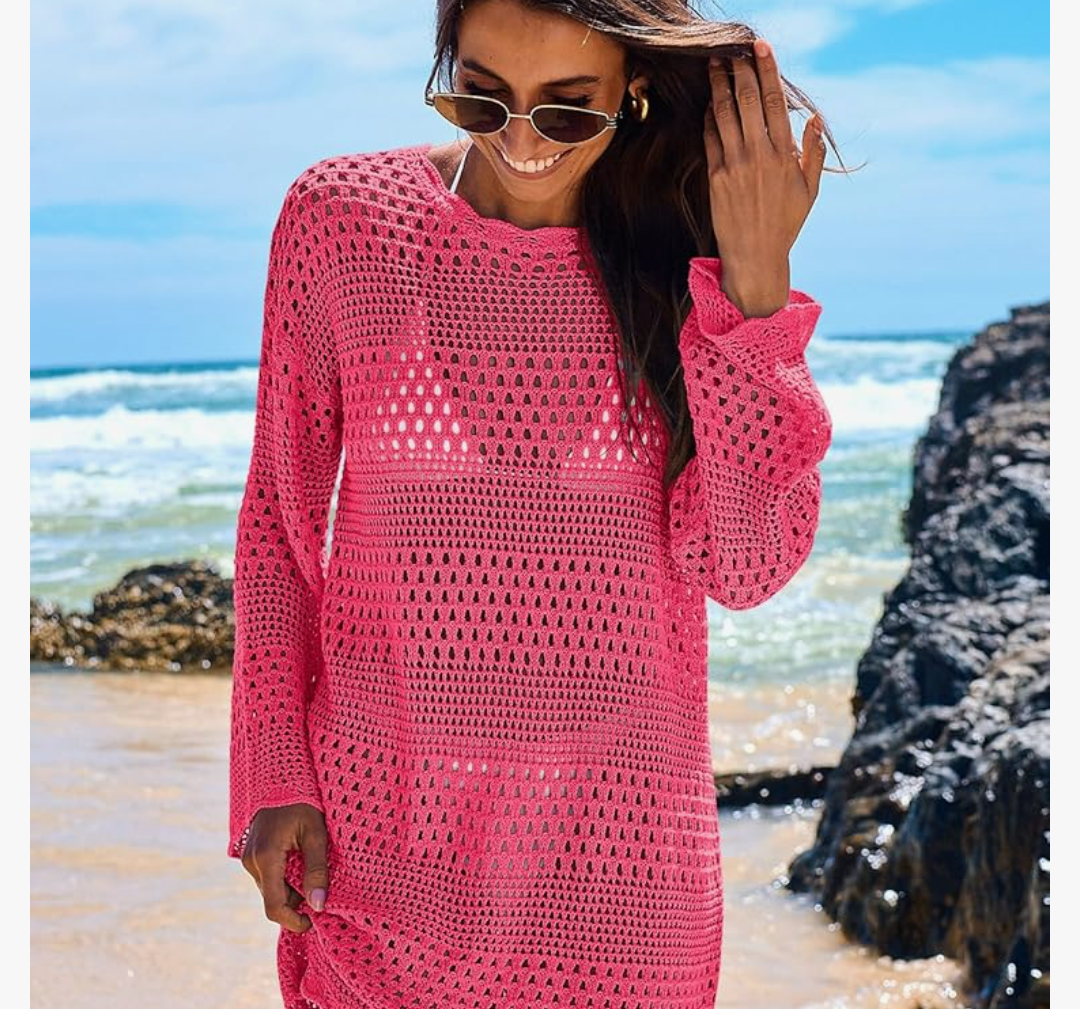 ANRABESS Women Swimsuit Crochet Swim Cover Up 2025 Summer Bathing Suit Swimwear Mesh Knit Beach Dress Vacation Outfits Medium