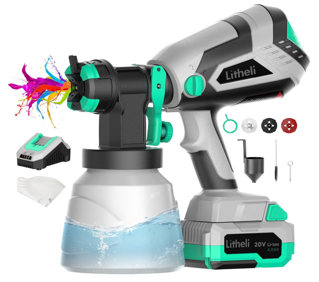 Litheli 20V Cordless Paint Sprayer with 4.0Ah Battery, 200W HVLP Electric Sprayer Gun, 3.5lbs Lightweight Paint Gun with 1000ml Container, 3 Nozzles for House Painting, Furniture, Fence, Wall