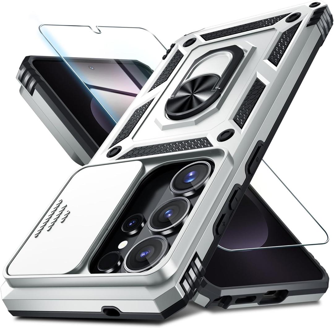 Janmitta Compatible with Samsung Galaxy S26 Ultra Case Built in Slide Camera Lens Cover+Screen Protector+Finger Ring Holder Kickstand,Heavy Duty Shockproof Full Body Phone Cover,2026 Silver