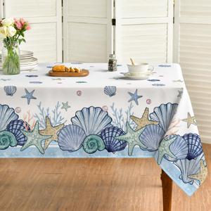 Horaldaily Summer Tablecloth 52x70 Inch Rectangular, Blue Watercolor Sealife Conch Starfish Seaweed Washable Seasonal Table Cover for Party Picnic Dinner Decor