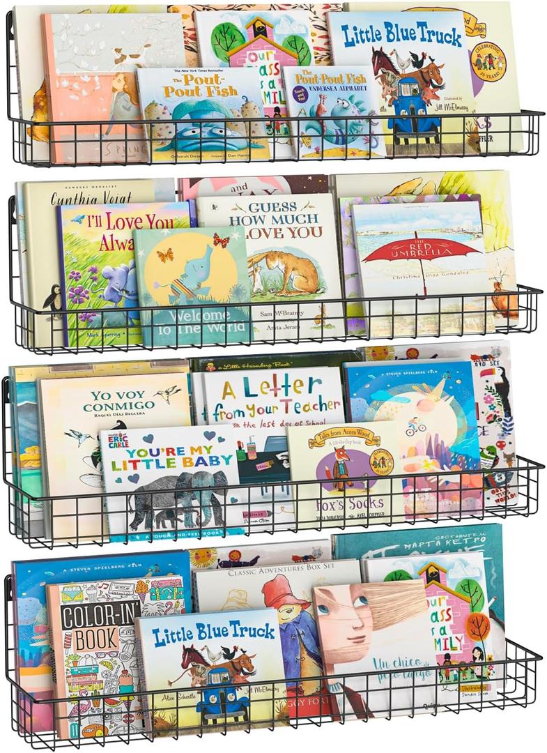 24 Inch Wall Mounted Kids Bookshelf, Floating Metal Book Shelves for Kids Nursery Toddler Classroom, Hanging Book Shelf Organizer for Room Decor, Black, Set of 4 (Black-4 Pack)