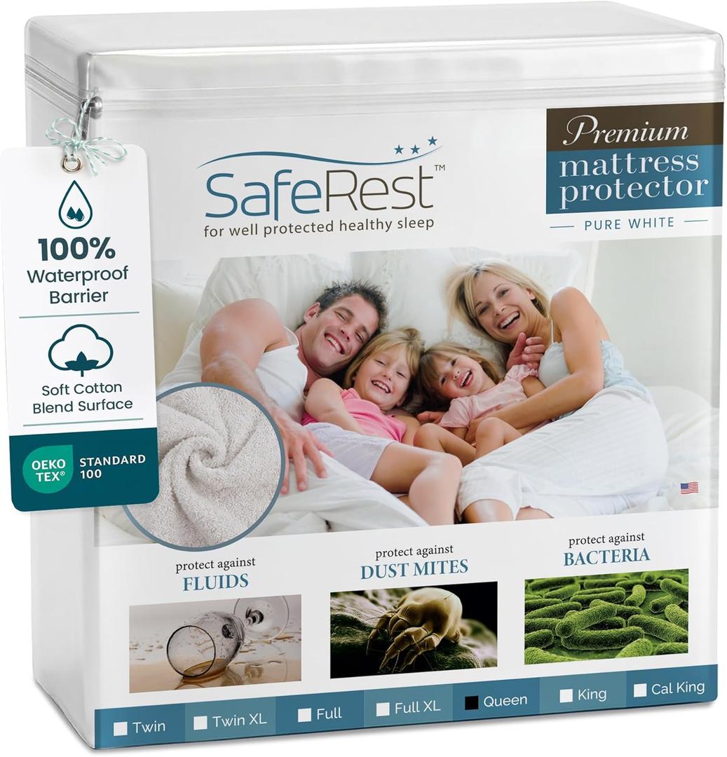 SafeRest Waterproof Queen Size Mattress Protector - Fitted with Stretchable Pockets - Machine Washable Cotton Blend Mattress Cover for Bed (Pure White)