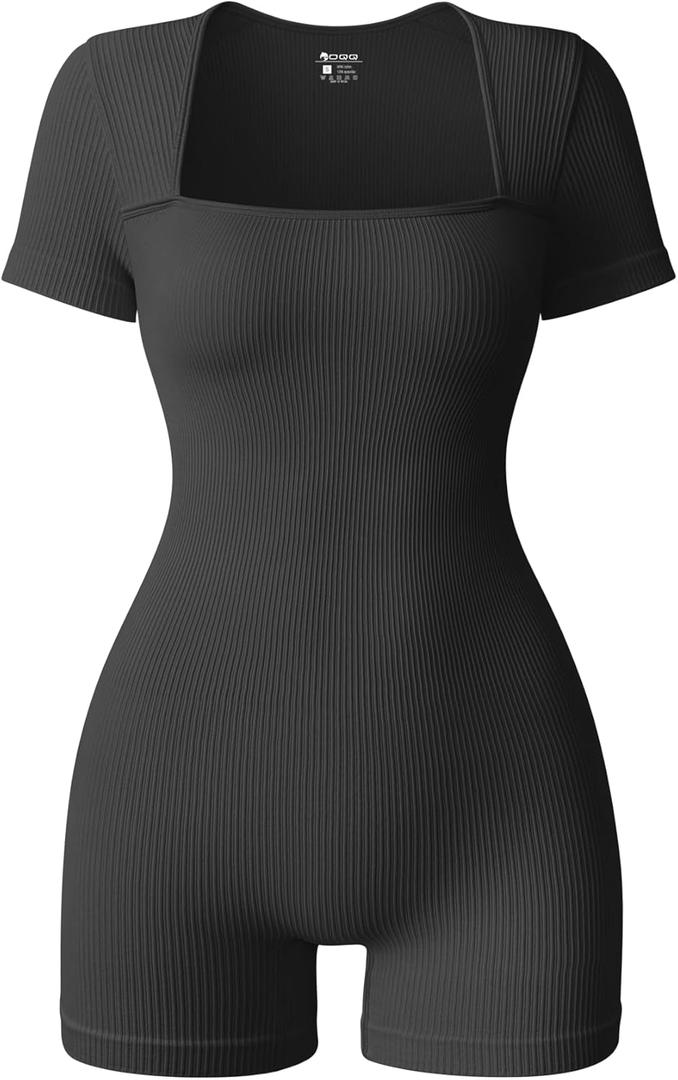 OQQ Women Short Sleeve Rompers Yoga Stretch Square Neck Exercise Rompers (Large, Black)