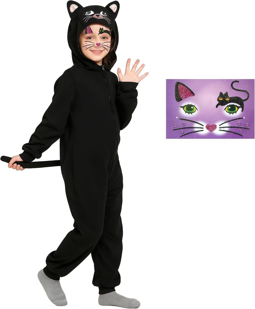 Kids Animal Onesie Boys Girls Black Cat Costume Cheetah Blue Monster Halloween Christmas Kids Cosplay Costume, Black, 12-14Years