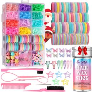Hair Accessories for Girls, 1350P Colorful Hair Ties with 44P Hair Clips, Glitter Butterfly Hair Clips, Hair Wax Stick, Butterfly Hair Claws, Hair Barrettes with Comb Set&Organizer Box, Christmas Gift