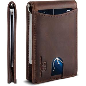 SERMAN BRANDS RFID Blocking Slim Bifold Genuine Leather Minimalist Front Pocket Wallets for Men with Money Clip Thin Gift (Brown)