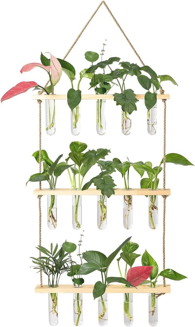 XXXFLOWER Wall Hanging Propagation Station with Wooden Stand 5 Glass Test Tubes 3 Tiers Planters Wall Terrarium for Home Office Plant Hanger Flower Vases Wall Decor Hydroponic Cuttings (Beige)