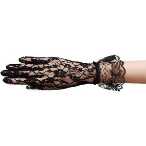 Flower Pattern Women's Lace Gloves with Ruffle Wrist Length (Black)