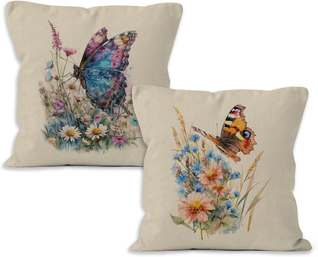 Vintage Butterfly Floral Throw Pillow Covers 18x18, Cottagecore Wildflowers Butterfly Decorative Pillow Covers for Home Living Room Bedroom, Floral Accent Pillows Cover Pillowcases Set of 2