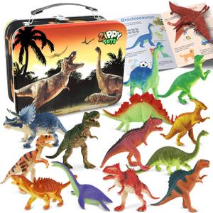 Dinosaur Toys for Kids 3-5 5-7 - 14 Realistic Plastic Dinosaur Figures Set with Storage Box & Learning Booklet - Educational Dino Figure Toys for Boys Girls Toddlers, 14pc-Medium-MetalBox