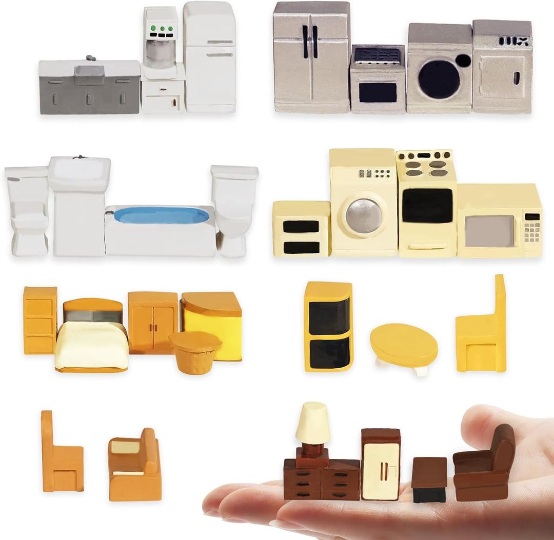 Hiawbon 31PCS Miniature Furniture Set, 148 Scale Resin Miniature Accessories and Furniture, Kitchen Bathroom and Living Room Set, Miniature Furniture Kit for Fairy Garden Home Decor