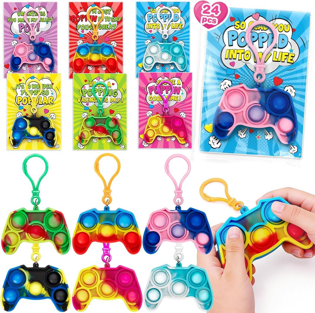 Jumlys Valentines Day Gifts for Kids, 24 Pack Valentines Day Cards with Game Shape Pop Fidget Keychains Bulk, Valentine Day Party Favors for Boys Girls, Ideal Exchange Cards for Classroom