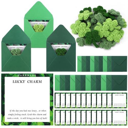 Clabby 24 Sets St Patrick's Day Gifts for Women Crochet Shamrock Charm St Patrick's Day Pocket Hug with Blessing Cards and 4 Leaf Clover Crochet Accessories for Coworkers Women Irish Gifts