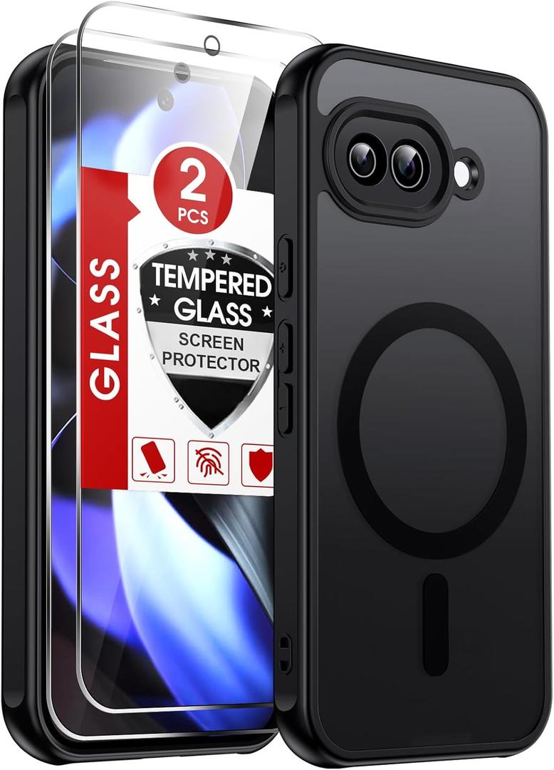 LeYi for Google Pixel-9A Case: Pixel 9A Phone Case with [2 Packs] Screen Protector & Camera Bump Protection, [Mag-Safe Fit] Matte Translucent, Shockproof para Pixel9A Cover Unlocked Accessories, Black (Pixel 9a (6.3 Inch))