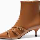 Coutgo Womens Buckle Strap Ankle Booties Kitten Low Heel Pointed Toe Y2K Boots Side Zipper Fall Shoes (8, Brown)