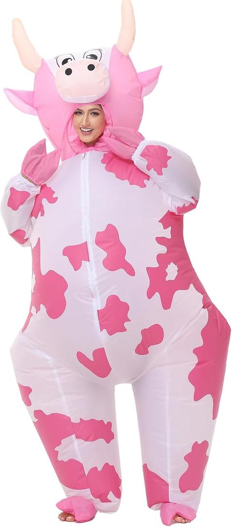 Inflatable Cow Costume Adult Animal Costume Halloween Inflatable Costume Christmas Cow Blow Up Suit for Women Cosplay (Large:4.9ft to 6.2ft (1.5m to1.9m), Pink)