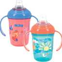 Nuby No-Spill Two Handle Babys First Soft Spout Cup with Hygienic Cover | 2 pack: Aqua Travel & Blue Cars or Aqua Ocean & Pink Animals | 8oz/ 240 ml | 4+ Months | 2 pack