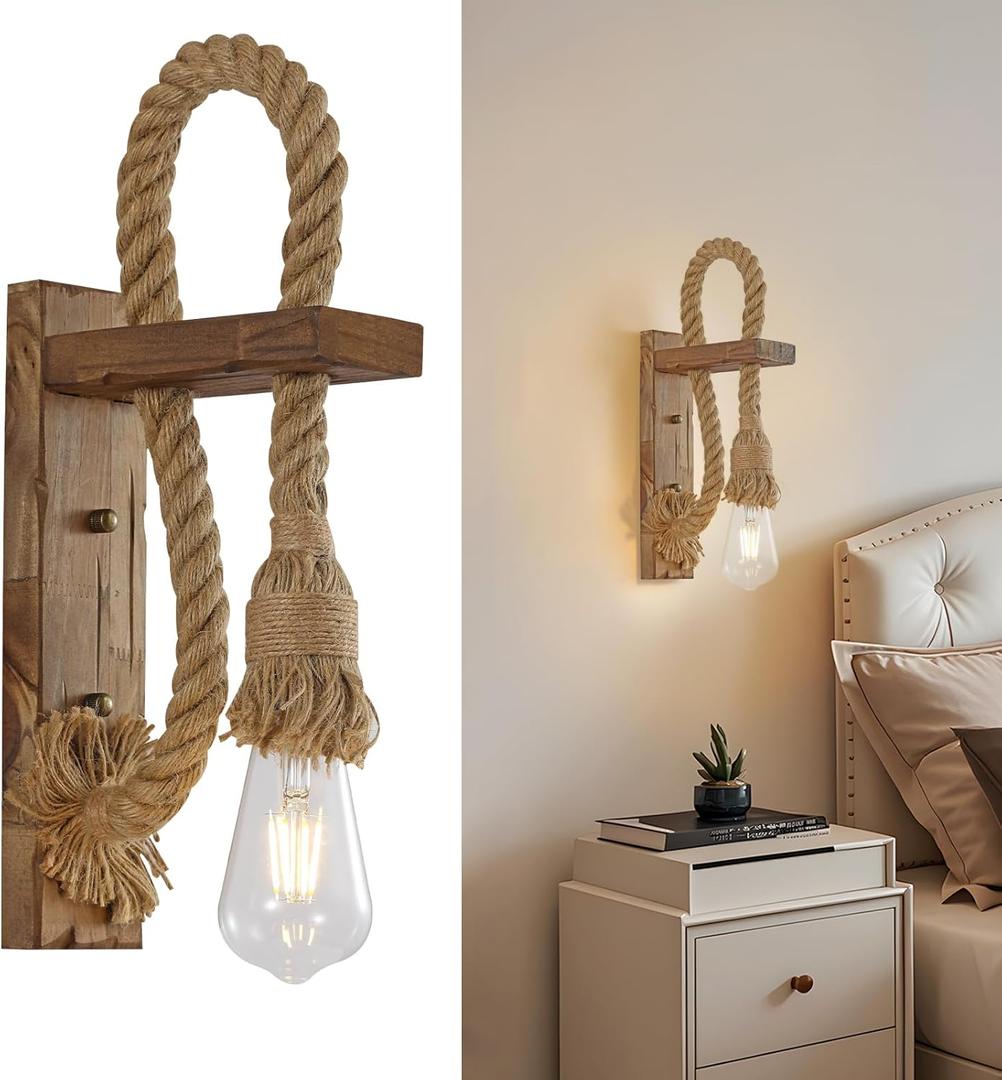 KEESFU Wood Wall Sconce 1 Light, Farmhouse Wood & Hemp Rope Wall Mount Light Fixture, Rustic Light Fixtures for Bedroom Entryway Hallway Living Room.