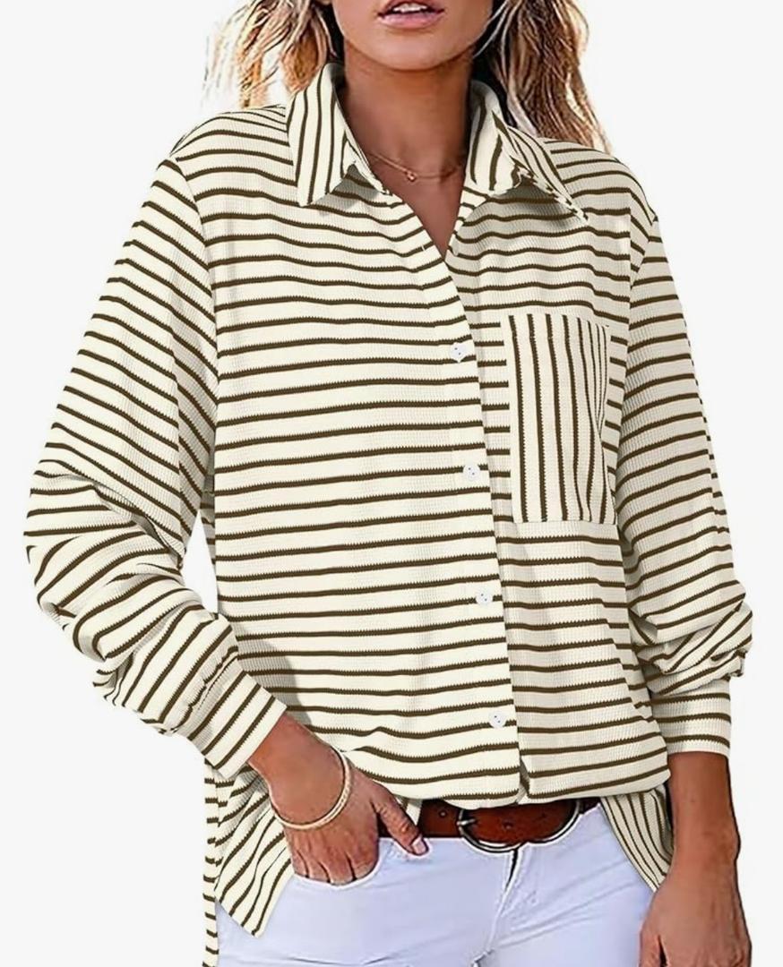 Astylish Women's Casual Blouses Button Down Business Work Tops Long Sleeve V Neck Striped Shirts 2025 Fall Outfits XL