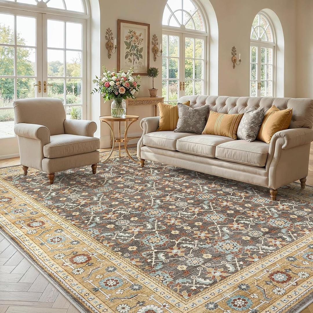 WITSHOCK Washable Area Rug 10x12 Non-Slip Floral Carpet, Floral Brown