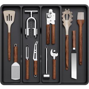 Lifewit Utensil Drawer Organizer, Expendable Cooking Silverware Tray for Kitchen Drawer, Adjustable Cutlery Flatware Holder, Plastic Spatula Tools and Gadgets Storage Divider, 4 Compartments, Black (17.3x15.8x1.8 inch (4 Slots))