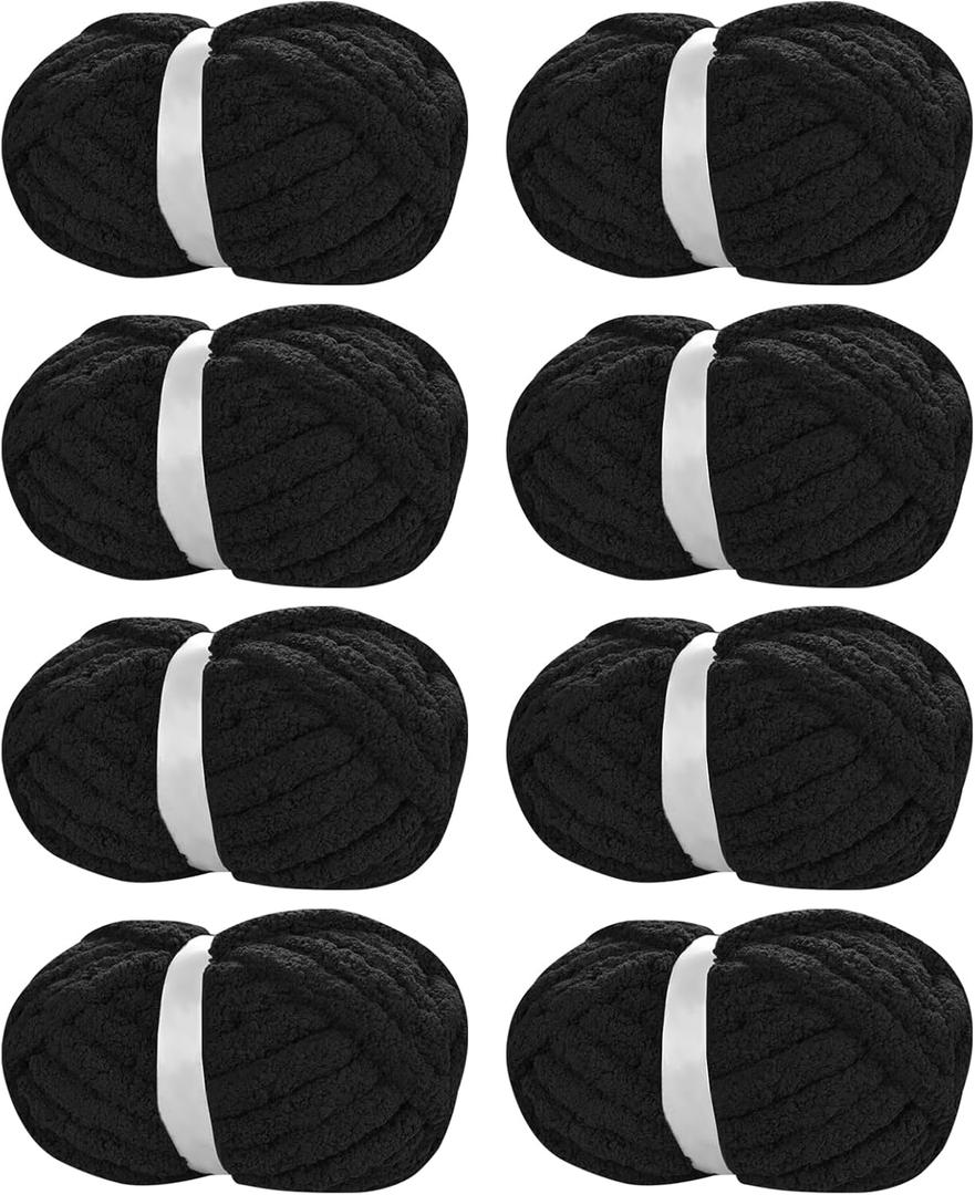 Chunky Chenille Yarn for Hand Knitting,Fluffy Soft Jumbo Yarn by Circular Needle & Crochet Hook,Super Bulky Big Yarn for Chunky Blanket,Large Thick Arm Knitting Yarn,8 Pack,Black