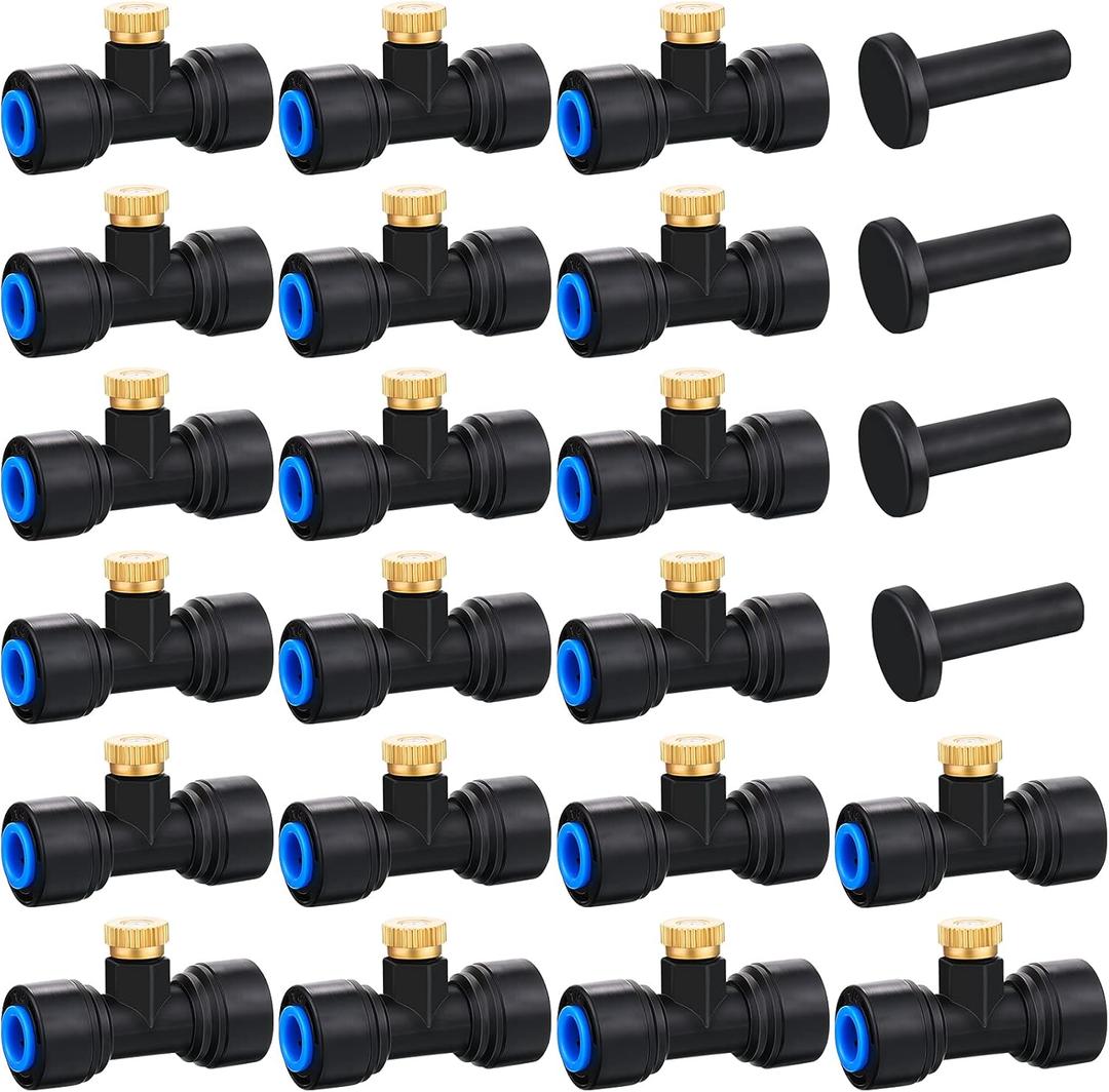 Hotop 20 Pieces Brass Misting Nozzles 1/4 Inch Sliding Lock Mister Nozzles Tees with Plugs for Outdoor Cooling System Misting System