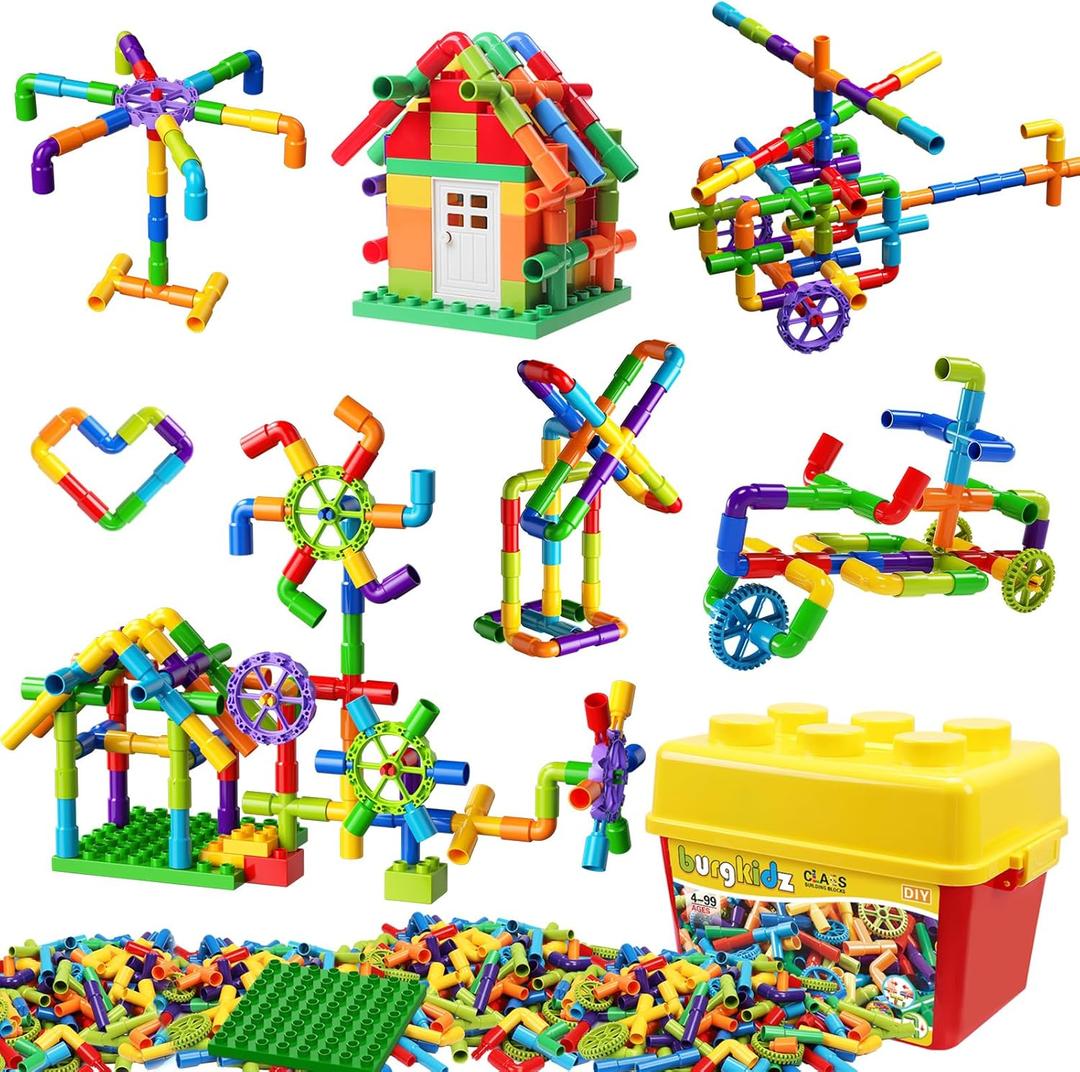 STEM Learning Pipe Tube Toy, Sensory Toys, Tube Locks Construction Building Blocks, Educational STEM Building Learning Toys with Wheels Baseplate for All Ages Kids Boys Girls, 188 Pcs (Multicolored)