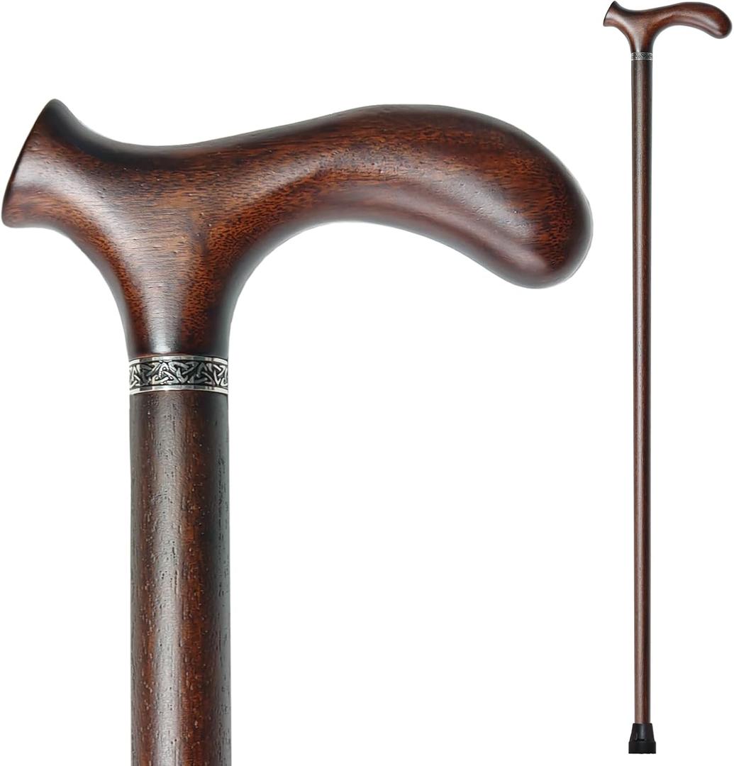 Wooden Walking Cane with 5 Height for Men and Women, Handmade Wood Cane with Comfort Grip Handle, Supportive Mobility Aid for Seniors, Fashionable & Classic Lightweight Stick (38inch, Walnut)