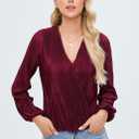 Women Long Lantern Sleeve Shirts Dressy Casual Loose Fit Fall V Neck Blouses Date Night Tops (Red, L)