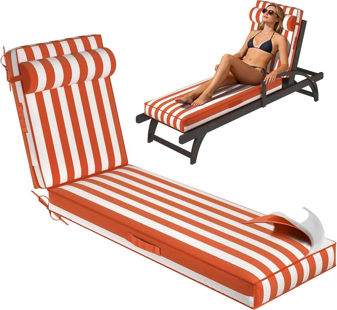 Chaise Lounge Cushions Outdoor 72x21x4 Inch, Patio Lounge Chair Cushions w/High Density Foam, 4 Inch Pool Lounger Cushion w/Removable Cover Handles, Fits Poolside Patio Outdoor Furniture, Yellowstripe