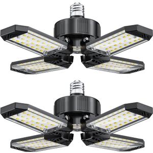Garage Light, 2 Pack 120W 12000LM LED Garage Ceiling Lights 6500K, 4 Panels Deformable Shop Lighting Screw into E26 E27 Bulb Socket, LED Light for Shop, Workshop, Basement, Attic, Bay