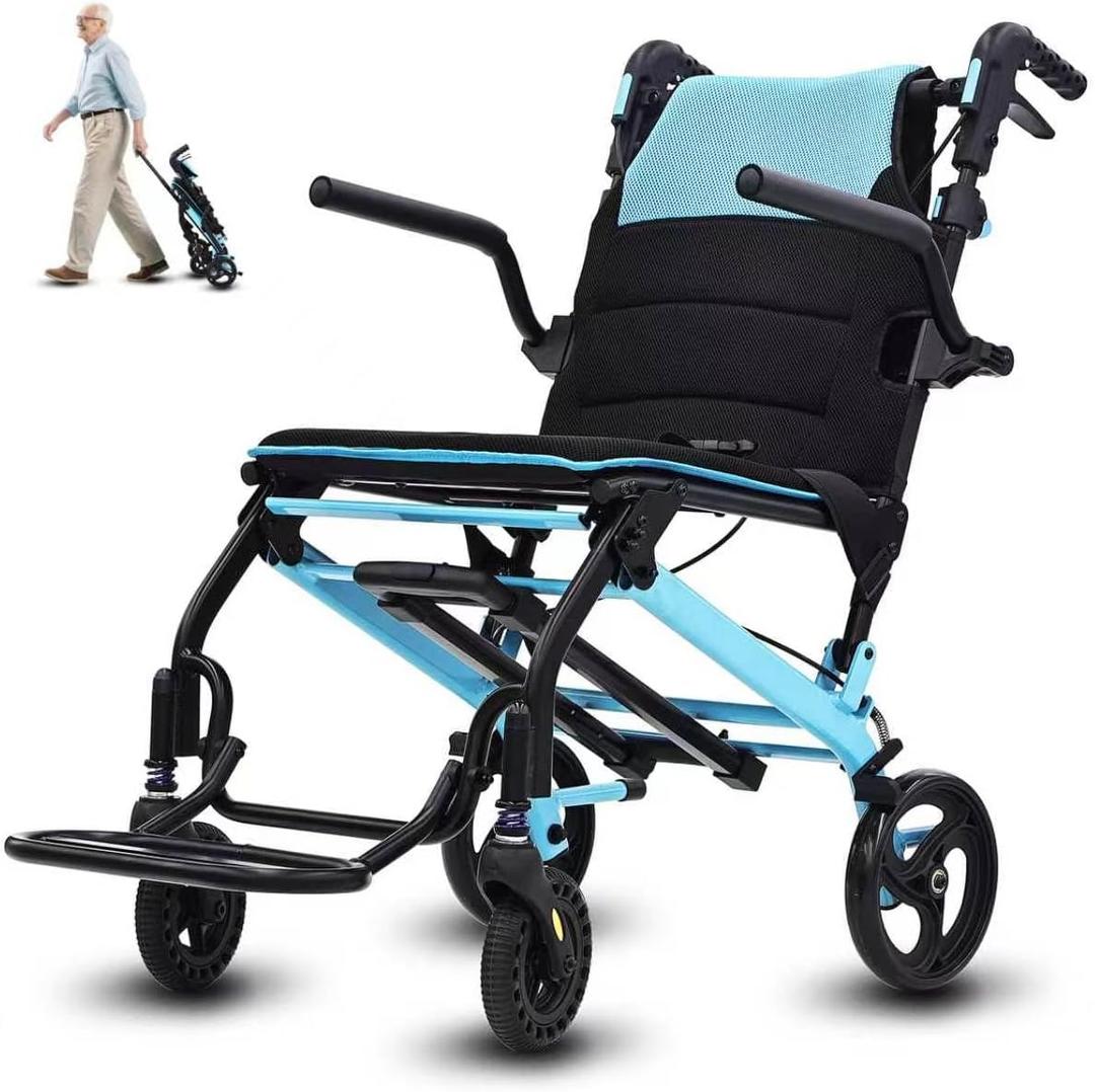 ROBTWOK Lightweight Foldable Transport Wheelchair for Adults & Seniors - 20lbs Ultra Portable Travel Wheelchair with Telescopic Handle, Adjustable Height, 350lbs Capacity