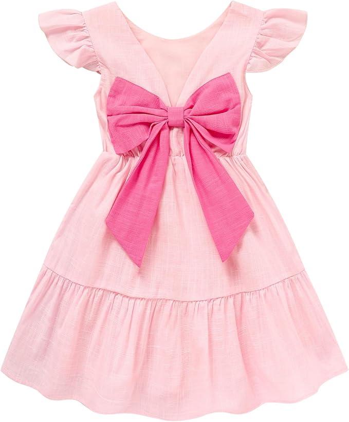 Toddler Girls Dress Ruffle Sleeveless Backless Bowknot Kids Baby Casual Dresses(Pink,12-18M)