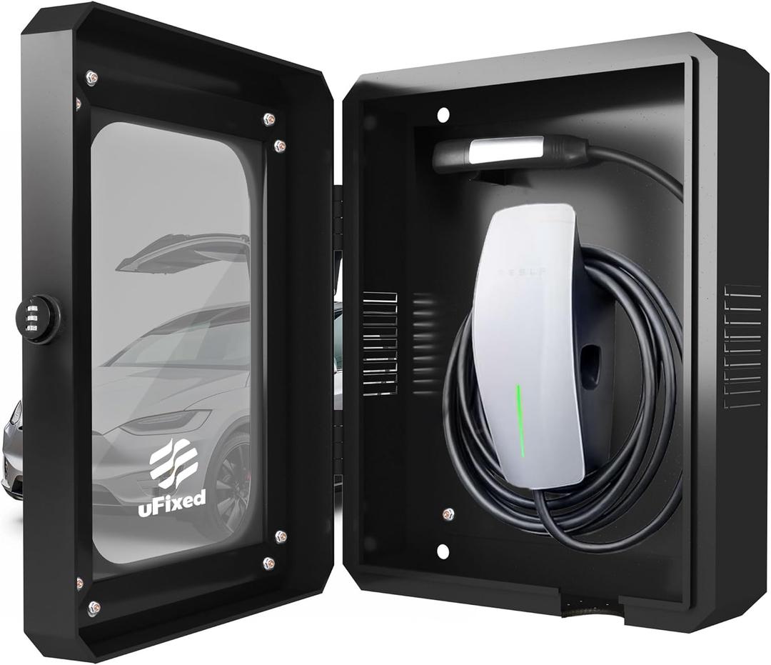 Outdoor EV Charger Enclosure Wall Box with Lock for Tesla Wall Charger and Chargepoint with Holder | Weatherproof Visible, Easy to Install, Black