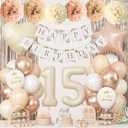 15th Cream Birthday Decorations for Girls, Beige Foil Number Heart Brown Star Balloon Neutral White Gold Nude Latex Balloons with Boho Birthday Banner Fringe Curtain Paper Pom Poms Baby Shower Decor