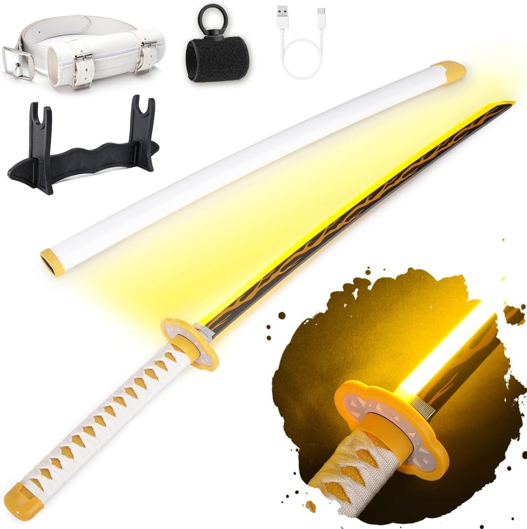 RENGENG Light Up Sword, 40 Inches Rechargeable Plastic Replica with Belt & Stand, Sword with Original Texture (Agatsuma Zenitsu)