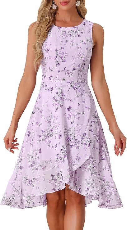 Allegra K Women's Summer Dresses 2025 Wrap Ruffle High Low Hem Round Neck Keyhole Back Sleeveless Floral Dress, L