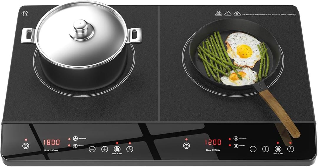 Double Induction Cooktop, 1800W Portable Induction Cooktop 2 Burner Independent Touch Control, Ceramic Electric Stove with 9 Temperature and Power Level, Safety Lock, 3 Hour Timer - Black