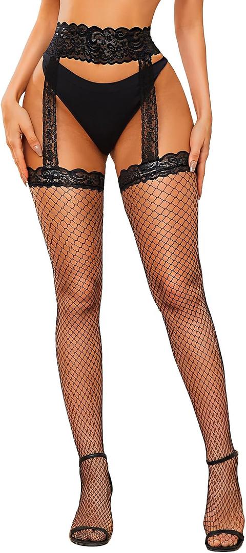 RSLOVE Fishnet Stockings for Women - Lace Top Thigh High Stockings Suspender Pantyhose with Antiskid Silicone, Black - Small Fishnet