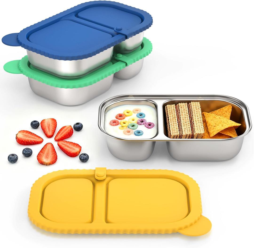 3 Pack Reusable Stainless Steel Snack Containers, Capacity Upgrade 2 Compartment Snack Containers with Lids, Reusable Food Storage Containers with Lids for Travel, Outdoor, Camping (Blue&Green&Yellow)
