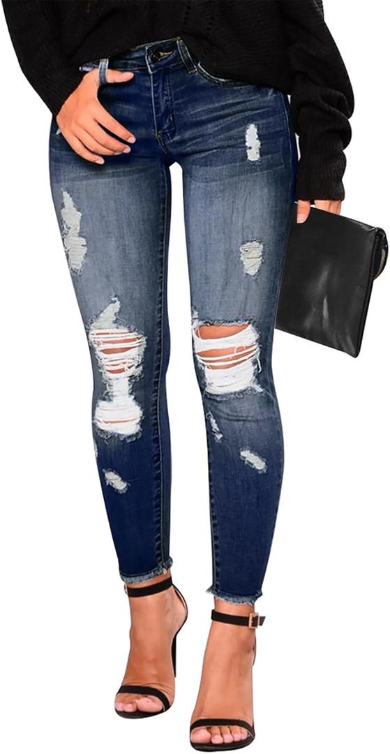 KUNMI Women's Skinny Ripped Trendy Jeans Distressed Stretchy Denim Pants (Size 12, Blue)