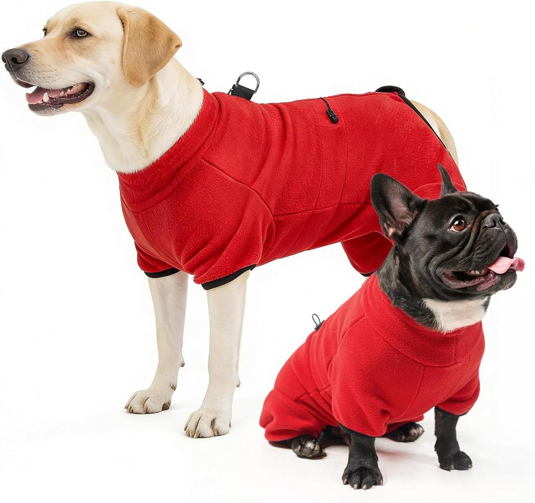 SCENEREAL Fleece Dog Coat Sweaters with Harness Built in, Soft Pullover Dog Pajamas with Zip Boys Girls, Christmas Cold Weather Pet Jacket Clothes Outfits for Puppy Small Medium Large Dogs, Red M (Medium(Back Length 16.5"))