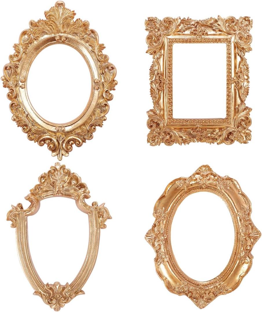 4Pcs Vintage Resin Picture Frames Small Antique Photography Props Baroque Frames for Jewelry Display, Home Decor, Holiday Party Christmas Decor
